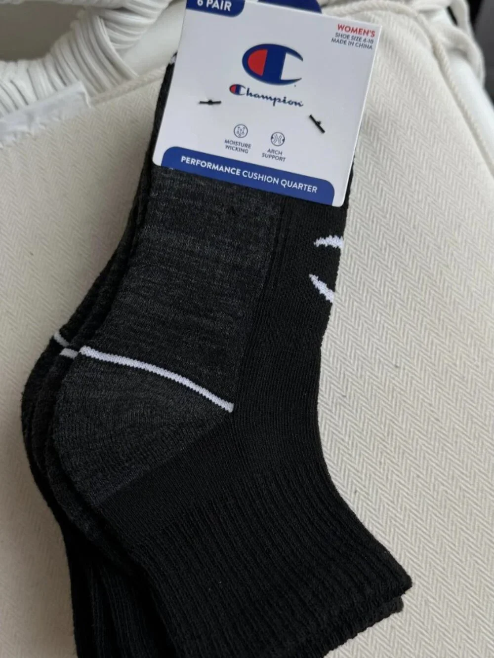 Champion Women's Performance Cushion Quarter Socks 6-Pack Size 4-10 Black NWT